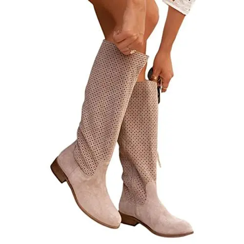 Produktbild: Mit Perlen Damen Schwarz Low Heel Round Toe Perforierte Wildlederstiefel Herren 43 (Khaki, 40)