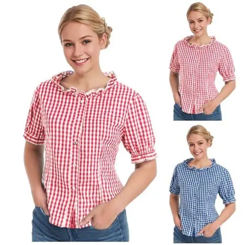 Produktbild: Generisch Stilvolle Damenhemden für Oktoberfest kurzärmlig mit Spitzenbesatz kariertem Design vielseitige saisonale Kleidung Elegante Blusen für Frauen (Red, L)