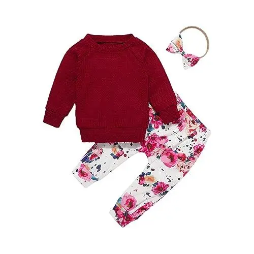 Produktbild: Generisch Stitch Kleidung Mädchen Bustier Mädchen Kleinkind Mädchen Langarm Hoodie Blumendruck Hosenanzug mit Stirnband für 0 bis 4 Sport Shorts Mädchen Klamotten Teenager Mädchen (Wine, 0-6 Months)