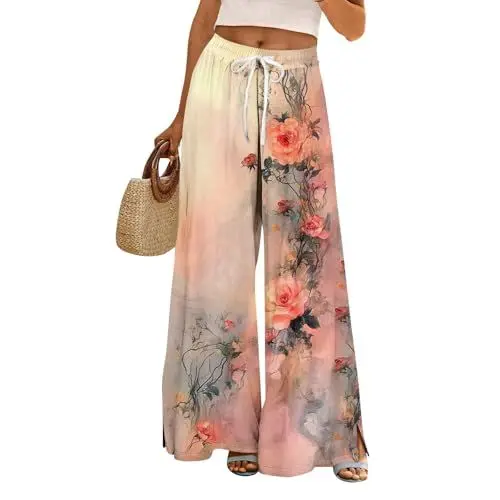 Produktbild: Generisch Stoffhose Damen Elegant Elastischem Bund Hosen Freizeithose Bunte Weites Bein Lässige High Waist Palazzo Gummizug Dünne Herbst Pants Mit Seitentaschen 04-Khaki M