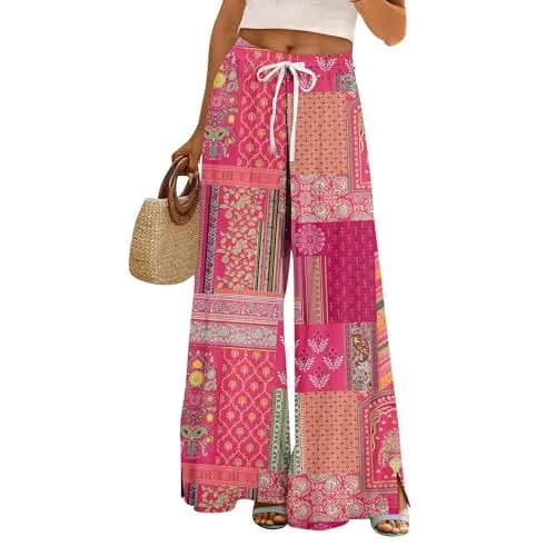 Produktbild: Generisch Stoffhose Damen Gummibund Hosen Lang Bunte Weites Bein Elegante Hohe Taill Palazzo Kordelzug Dünne Herbst Sommerhose Mit Seitentaschen 09-Pink L