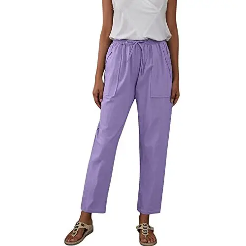 Produktbild: Generisch Stoffhose schwarz Damen gerades Bein Freizeithose Damen Long mit Taschen Kurze Stoffhose Damen schwarz Capri Damen Sommerhose Stretch Leinenhose Damen Sommer 3/4
