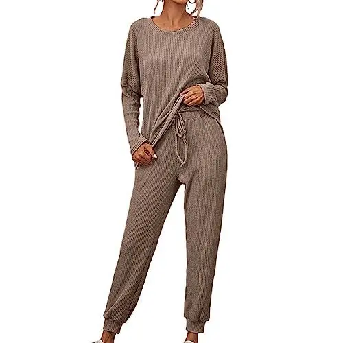 Produktbild: Generisch Strickanzug Damen Jogginganzug Loungewear Strick Set Langarmshirt Schlaghose Baggy Homewear Suit Strick Set Einfarbig Sportanzug Sportlich 2 Stück Set Schlafanzug Outlet Angebote Kaffee M