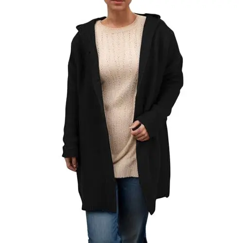 Produktbild: Generisch Strickjacken Für Damen Lange Elegant Strickpullover Leicht Strickmantel Einfarbig Grobstrick Hoodie Lockere Langarm Dünn Cardigan Open Front Sweater Casual Bequeme Strickcardigan Schwarz L