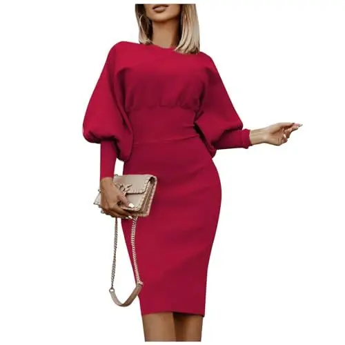 Produktbild: Generisch Strickkleid Damen Lang Baumwolle Pulloverkleid Damen Elegant Langarm Pullover Kleider Midi Frühling Winter Cocktailkleid Laternenärmeln Pullikleid Rundhals Korsett Einfarbig Freizeitkleider