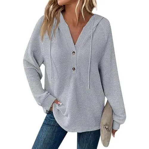 Produktbild: Generisch Damen Pullover Herbst Leinenhemd Oberteile Travel Outfit Wickelpullover Shirt Sweatshirt Oversized Grau L