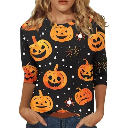 Produktbild: Strumpfhose Halloween Damen Halloween Kostüm Damen Halloween Oberteile für Frauen 3/4 Ärmel T Shirt Halloween Grafik Oberteile für Frauen Fledermaus Druck Tee Shirt 2024 Grau M