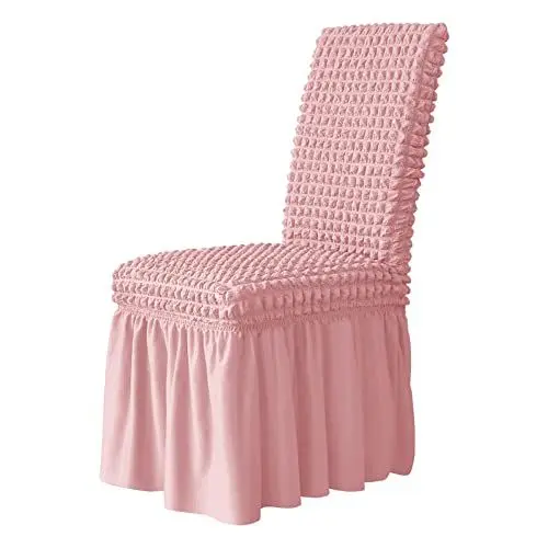 Produktbild: Generisch Stuhlhussen für Esszimmerstühle, 6 Stück, lang, dehnbar, Seersucker-Rüschen, Abnehmbarer, waschbarer Sitzschutz für Zuhause, Zeremonie, Bankett, Hochzeit, Hotel, Rosa