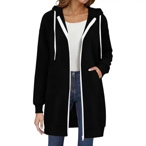 Produktbild: Generisch Sweatjacke Damen Einfarbig Lange Kapuzenpullover Langarm Casual Hoodie Jacken Oversized Warm Winterjacke Mode Kapuzenjacke mit Reißverschluss Leichte Sportjacke Strickjacke(Schwarz,L)