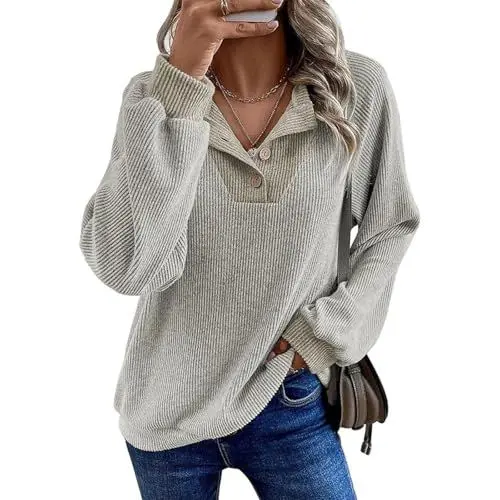 Produktbild: Generisch Sweatshirt Damen Mit Knopfleiste Und Farbblockierung Langarm Sweatshirts Y2K Lässiges Lockeres Outdoor Sweatshirt Für Herbst(Beige,L)