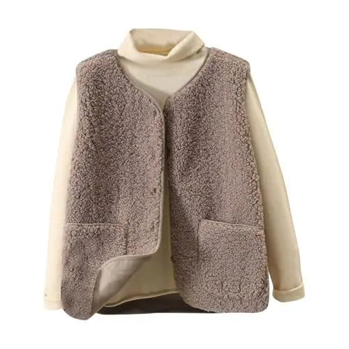 Produktbild: Generisch Teddy Fleece Weste Damen Ärmellose Fleeceweste Leichte Kurz Plüschweste Einfarbig V-Ausschnitt Knöpfen Teddy Weste Herbst Winter Warm Casual Bequeme Übergangsjack Mit Taschen Beige XL