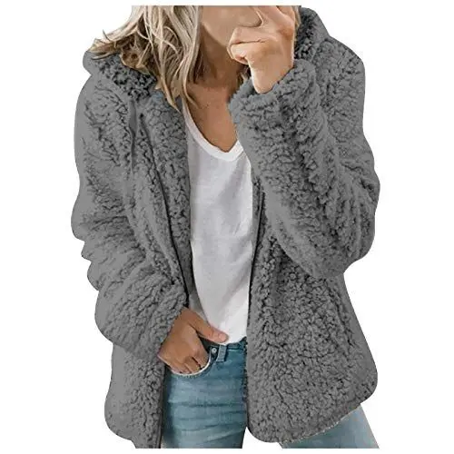 Produktbild: Generisch Teddy Fleecejacke Damen mit Kapuze Flauschige Teddy Jacken Winterjacke Warm Cardigan Kapuzenjacke Reißverschlüsse Sweatjacke Kurzmantel Übergangsjacke Mit Taschen (Dark Gray, XL)