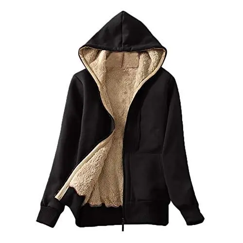Produktbild: Generisch Teddy Fleecejacke Damen mit Kapuze Winter Warm Weich und bequem Sweatjacke Flanell Kapuzenpullover Teddyjacke Reißverschluss Plüschjacke Fleecejacke Winterjacke mit Taschen (Black, S)