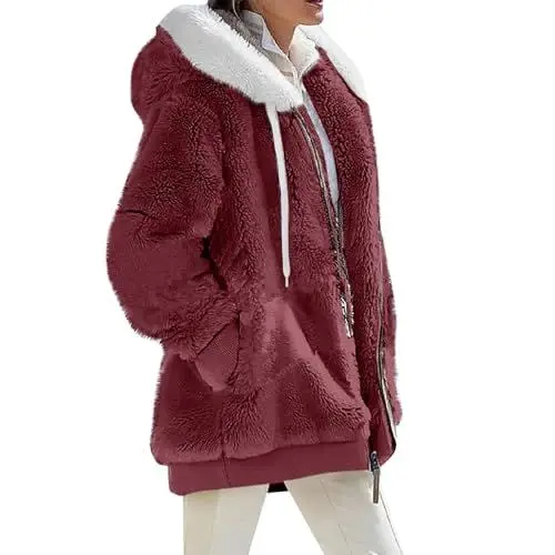 Produktbild: Generisch Teddy Jacke Dame Winterjacke Damen Warm Sherpa Kapuzenjacke Winter Fleece Teddyjacke Reißverschluss Plüschjacke Fleecejacke Hoodie Casual Kuscheljacke Damen Flauschig Mit TaschenS,3XL