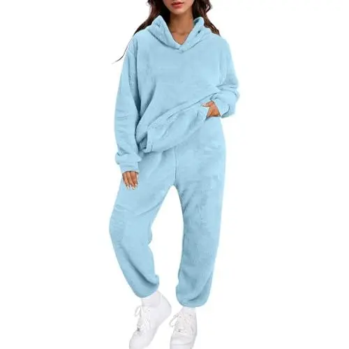 Produktbild: Generisch Teddy Plüsch Schlafanzug Damen Warmer Zweiteiliges Set Pyjama Flauschig Bequeme Pyjamahose und Pullover mit Kapuze Taschen Hausanzug Autumn Winter Casual Einfarbig Homewear (Blue, M)