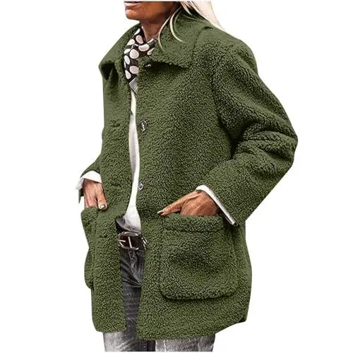 Produktbild: Generisch Teddyfelljacke Damen 2024 Wintermantel Plüsch Plus Dicke Warme Fleecejacke Modischer Oversized mit Taschen Mantel Lange Ärmel Elegante Für Winter Mäntel Grün M