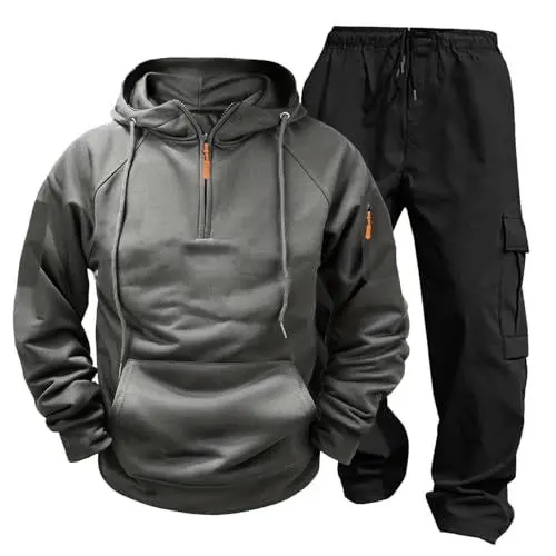 Produktbild: Generisch Trainingsanzug Herren mit Gefütterte Baumwolle Freizeitanzug Warm Kuschelig Sportanzug Herren Fußball Trainingsanzug Kapuzenpullover Herren mit reißverschluss Herren Anzug Slim Fit Grau