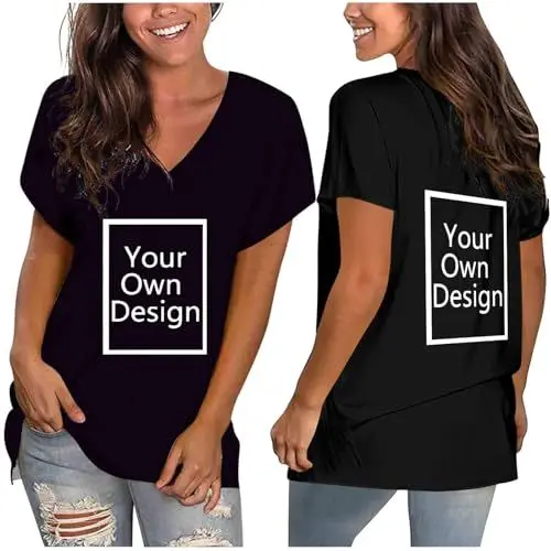 Produktbild: Generisch Tshirt Damen Personalisiert Longshirt Bedrucken Lassen Sommer V-Ausschnitt T Shirt Baumwolle mit Druck Selbst Gestalten Tunika Kurzarm Oberteile Elegant mit Aufdruck Schwarz XL