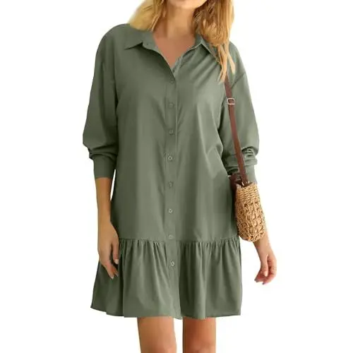 Produktbild: Generisch Tunika Kleid Damen Sommer Kurz Volant Kleider Damen Sommer Elegant Kleid Langarm Hemdkleid mit Knopfleiste Sommerkleider Damen Leicht Und Luftig Volantkleider Locker Damenkleider Einfarbig
