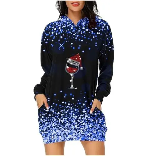 Produktbild: Generisch Weihnachtskleid Damen Glitzer Kleid Hoodie mit Kapuze Weihnachts Bedruckte Christmas Kapuzenpullover Weihnachtspullover Tshirt Pullover Gutschein 10 Blau XXL