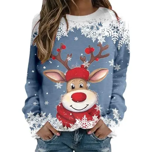 Produktbild: Generisch Weihnachtspullover Damen Langarm Rundhalsausschnitt Modische Rentier-Grafik Sweatshirt Frauen Weihnachtsmode Stylisches Oberteil (Blue, S)