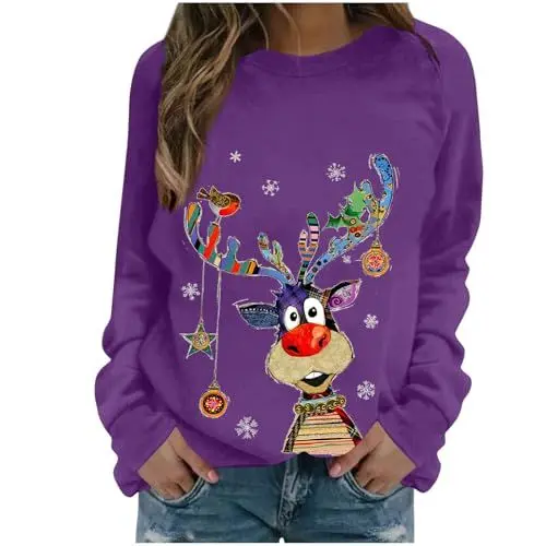 Produktbild: Generisch Weihnachtspullover Damen Lustige Weihnachtsoutfit Langarmshirt Christmas Sweatshirt Weihnachtsshirt Teenager Mädchen Pyjama Oberteile Weihnachten Bluse Weihnachts Pullover Dunkelblau XXL