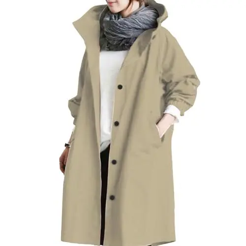 Produktbild: Generisch Windbreaker Damen Sweatjacke Hoodie mit Taschen Kapuzenpullover Winter Übergangsjacke Einfarbig Windjacke Regenjacke Hooded Jacke Frauen Baumwolle Oberteile Gutschein Khaki 3XL