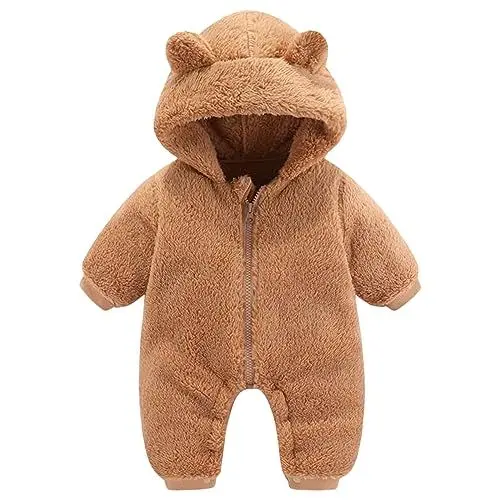 Produktbild: Generisch Winter Strampler Junge Baby Mädchen Winterkleidung Schneeanzug Outfit Neugeborenen Fleece Jumpsuit Mantel Kapuzenanzug Baby Body Langarm Mädchen (Brown, 6-9 Months)