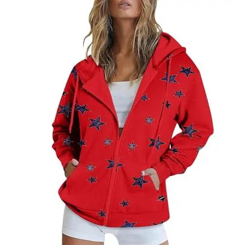 Produktbild: Generisch Winterjacke Damen Niedliche Sterne Drucken Sweatjacke mit Kapuze Winter Langarm Kapuzenjacke Oversize Leichte Zipper Hoodie Lässige Loose Kapuzenpullover mit Reißverschluss(Rot,M)