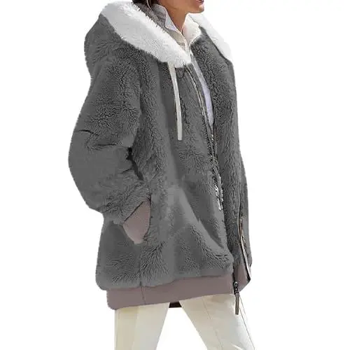 Produktbild: kuscheljacke damen Fleecejacke Damen Winterjacke Elegante Teddy Jacken Vliesjacke Einfarbige Oberteil Frau Kapuzenmantel übergangsjacke Cordjacke Frauen Puffer Jacke Baumwolle DaunenjackenXXL,S