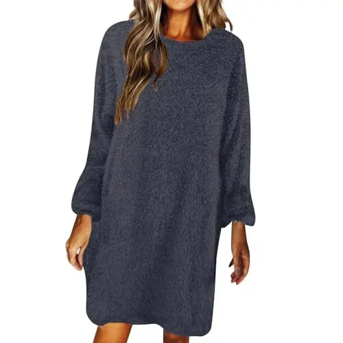 Produktbild: Generisch Winterkleid Damen Lang Flauschig Fleecepullover Damen Warm Knielang Kleid Winter Damen Langarm Plüsch Pulloverkleid Elegant Einfarbig Kleider Frauen Fleece Locker Longpullover Casual