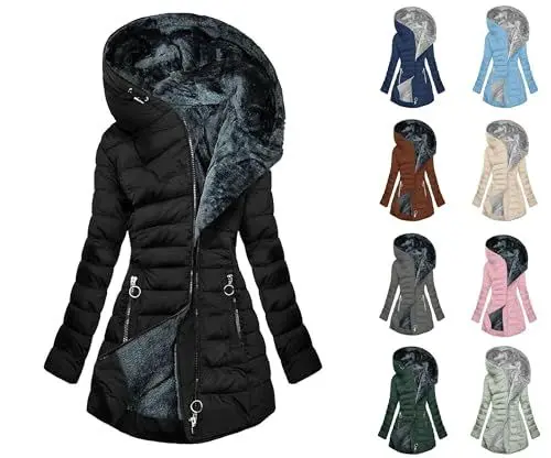 Produktbild: Generisch Wintermantel Damen Winterjacke Warme Gefüttert Steppjacke Lange Daunenjacke mit Kapuze Parka Langarm Winterparka Einfarbig Hoodie Jacke Baumwolle Mantel Outlet Angebote Schwarz XL