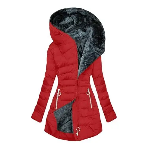 Produktbild: Wintermantel Damen Winterjacke Warme Gefüttert Steppjacke Lange Daunenjacke mit Kapuze Parka Langarm Winterparka Einfarbig Hoodie Reißverschluss Jacke Baumwolle Mantel Winddicht Outdoorjacke Rot L