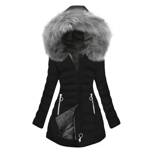 Produktbild: Generisch Wintermantel Damen Winterjacke Warme Gefüttert Steppjacke Lange Daunenjacke mit Kapuze Parka Langarm Winterparka Einfarbig Jacke Hoodie Baumwolle Mantel Gutscheine Schwarz M