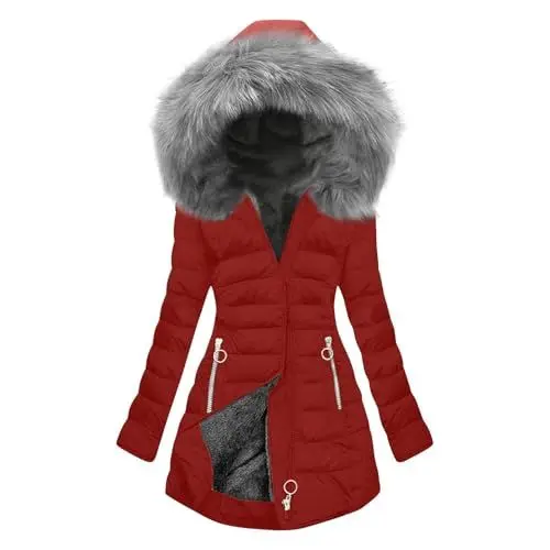 Produktbild: KOG Winterjacke Damen Parka Winter Daunenmantel Baumwolle Fahrradjacke Einfarbige Oberteile Teenager Mädchen Amazon - prime Basic Strickjacken Elegant Frauen Steppjacke Sale Damen Rot XXL