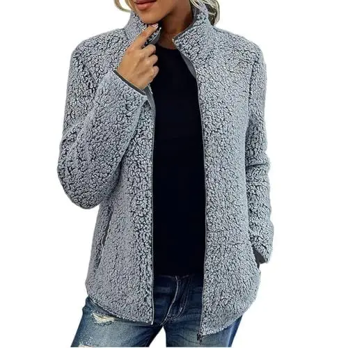 Produktbild: Generisch Wollmantel Damen Elegant Modische Fleecemantel mit Reißverschluss Lässige Homewear Wolljacke Übergangsjacke Modern Slim Fit Fleecejacke Weiche Bequemer Pulli mit Taschen grau XL
