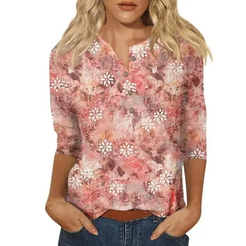 Produktbild: Womens 3/4 Length Sleeve Tops Casual Summer Shirts Loose Fit Three Quarter Length Sleeve Blouses Pullover Mit Weihnachtsmotiven (Pink, S)