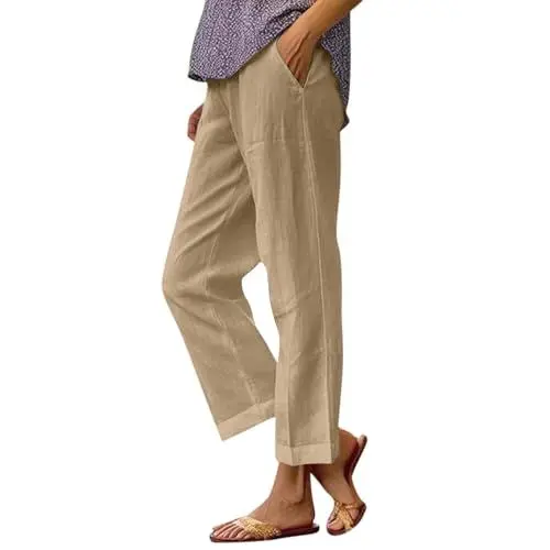 Produktbild: Generisch Yoga Hose Damen 7/8,Culotte Hose Damen Sommer Musselin Hose Damen Leinenhose Sommer Casual Weite Bequeme Hosen Mit Elastischem Bund Und Taschen, Atmungsaktiv （Beige，S）