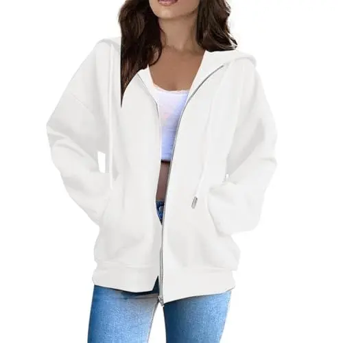 Produktbild: Generisch Zipper Jacke Damen Damen Sweatjacke Zip Hoodie Langarm Kapuzenpulli Reißverschluss Outwear Casual Hoodie Sweatshirt 01-Weiß XL