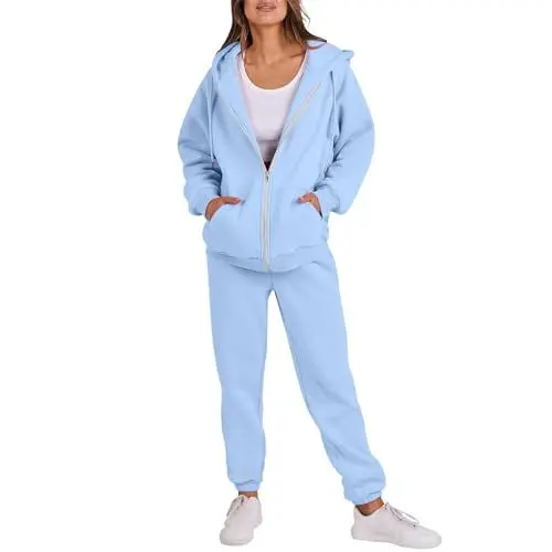 Produktbild: Generisch Zweiteiler Damen Jogginganzug Loungewear Set Herbstjacke Jogginghose Freizeitanzug Winterjacke Sporthose Streetwear Baggy Einfarbig Lounge Set Sportanzug Warehouse Deal Hellblau L