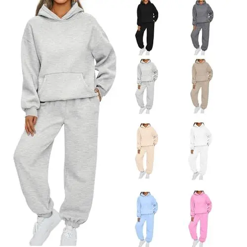 Produktbild: Generisch Zweiteiler Damen Jogginganzug Tracksuit Sportanzug Winter Freizeitanzug Einfarbig Langarm Hoodie und Sporthose Activewear Sets Warme 18 Teiler Casual Outfit Loungewear Set Gutschein Grau S