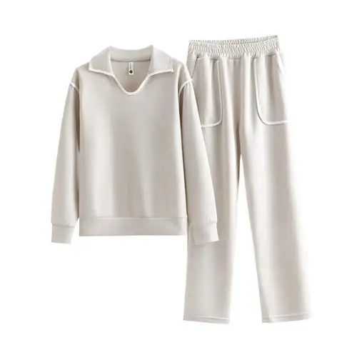 Produktbild: Generisch Zweiteiler Damen Langarmshirt Loungewear Set Oberteile Hosenanzug Baggy Homewear Winter Freizeitanzug 2 Stück Set Sportanzug Zweiteiliger Weich Leicht Lounge Set Geschenkkarten Beige L