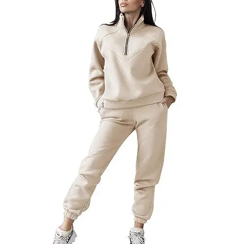 Produktbild: Generisch Zweiteilige Damen-Outfits, lässige Langarm-Pullover-Kapuzen-Crop-Top-Sets Strickset Damen Hose Und Oberteil (Beige, M)
