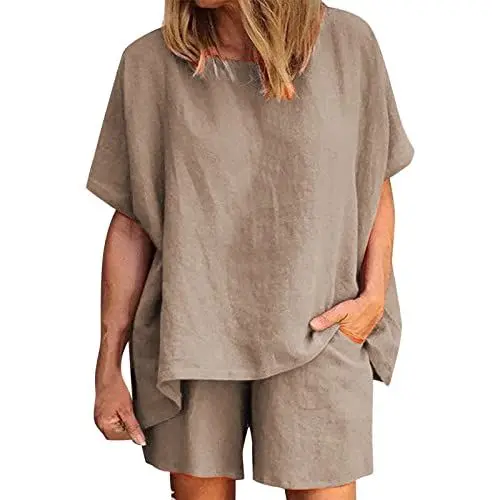 Produktbild: Generisch Zweiteiliger, lockerer, lässiger, einfarbiger Shorts-Anzug für Damen mit Rundhalsausschnitt Strick Top Damen (Coffee, XL)