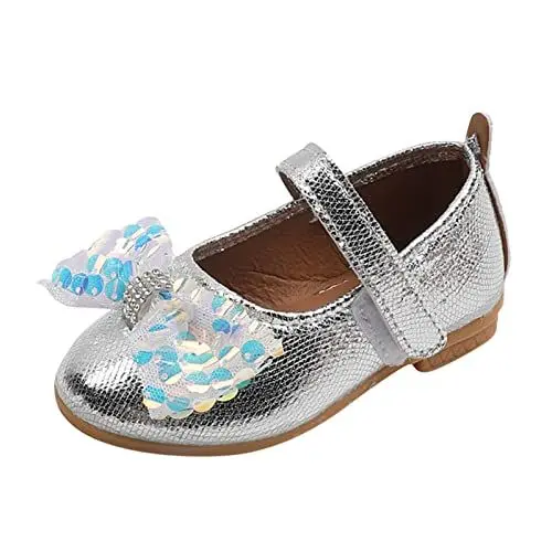 Produktbild: Generisch - und Herbstmode-Mädchen-Freizeitschuhe bunte Pailletten-Bogen-flache leichte Abendschuhe Silberstiefel (Silver, 24 Toddler)