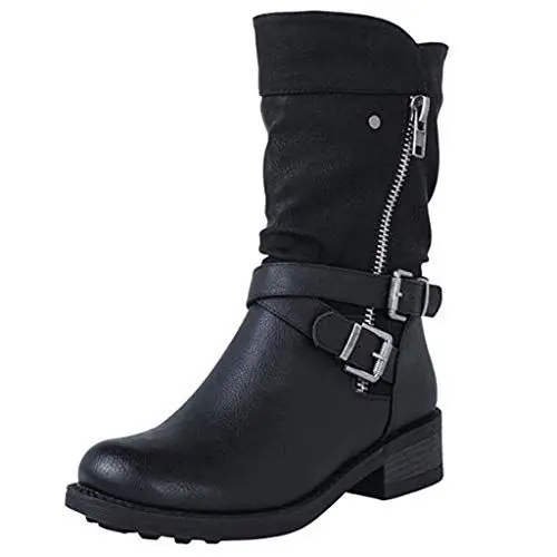 Produktbild: MOTOCO Damen Stiefel Winter Warme Stiefel Mit Reißverschlussknopf Leder Motorradstiefel Kampfstiefeletten mit Nieten Low Block Schuhe(Schwarz,37 EU)