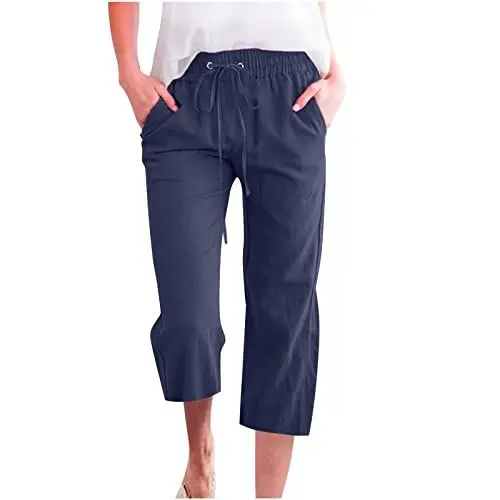 Produktbild: Generisch dünne Sommerhose Damen knitterfrei Freizeithose Damen 3/4 mit Taschen Sommerhose Damen kurz schwarz Damen Stoffhose Sommer Schwarze Leinenhose leichte, luftige Sommerhose 7/8
