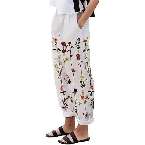 Produktbild: Generisch knielonge Sommerhosen Damen leicht und luftig Hosenrock Damen Sommer 3/4 yogahose Damen Baumwolle Bootcut Sommerhose Damen leicht XXL große größen gestreifte Leinenhose Damen pink