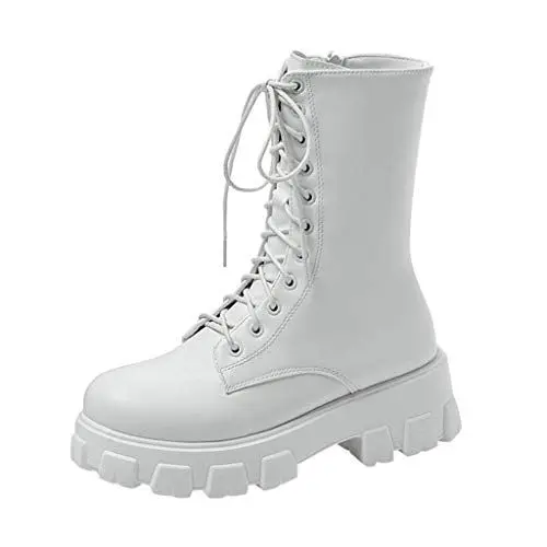 Produktbild: Generisch -Stiefel in Übergröße mit dickem Absatz, runder Zehenpartie, Kurze Motorradstiefel Leuchtende Schuhe Damen (White, 38)