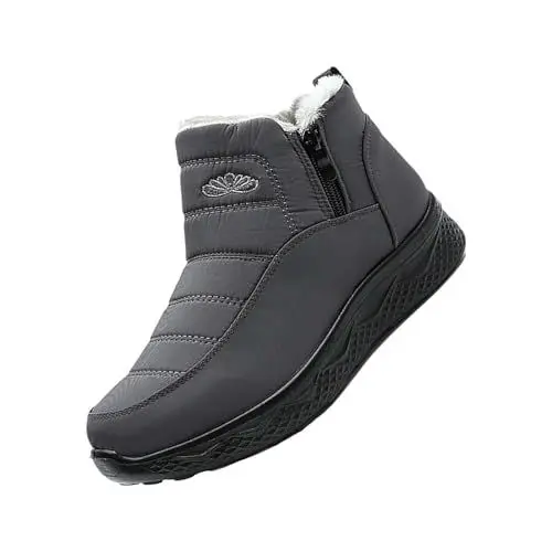 Produktbild: Graue Stiefeletten Damen Casual Fellgefütterte Schneestiefel Schnürstiefeletten Gefüttert Thermo Schneeschuhe Snow Boots Flach Stiefel Damenstiefel Elegant Freizeitschuhe Damenwinterschuhe
